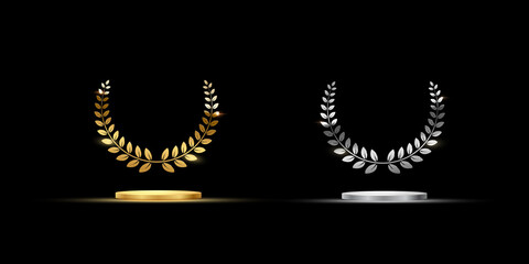 Wall Mural - gold and silver shiny laurel wreath signs on podiums isolated on black background. vector award symb