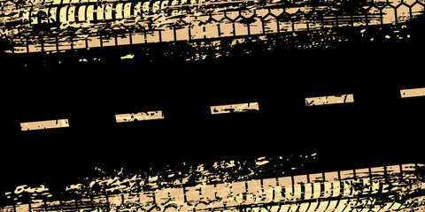 Wall Mural - Car tire track pattern on black dirty road, abstract grunge effect of golden tyre trace