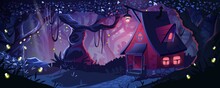 Cabin In Night Forest. Cartoon House With Glowing Windows Or Lamp In Mystic Dark Wood. Nighttime Panorama. Fairy Tale Cottage In Mysterious Woodland. Fantasy Landscape. Vector Illustration