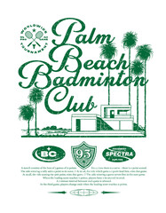 Palm Beach Badminton Club imaginary logo and poster design with hand drawn palms and club house illustration