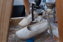 Selective Focus, Dutch Clog, The Wooden Shoes Of The Netherlands, On The Wood Machine. 