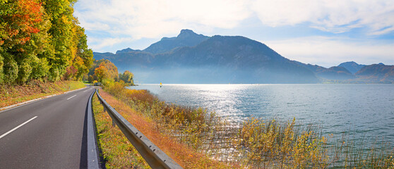 Wall Mural - autumnal lakeside road Mondsee, austrian alps