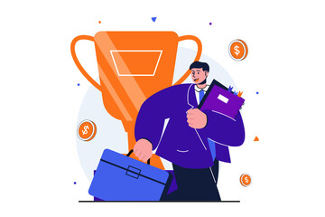 Business award modern flat concept for web banner design. Businessman gets golden cup, increases income and invests money, develops new projects. Illustration with isolated people scene