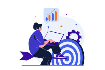 Wall Mural - Business target modern flat concept for web banner design. Businesswoman works on laptop, analyzes statistics, studies target audience for accurate hit. Illustration with isolated people scene