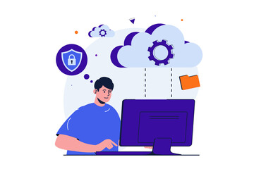 Poster - Cloud computing modern flat concept for web banner design. Man works at computer, uploads files to secure cloud storage and uses database service. Illustration with isolated people scene