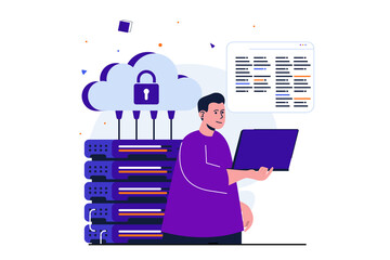 Cloud computing modern flat concept for web banner design. Engineer works in server room, maintenance hardware and ensures stable operation of system. Illustration with isolated people scene