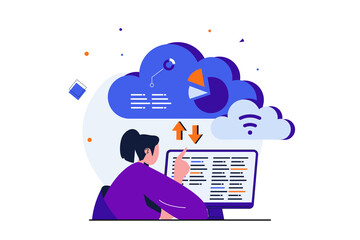 Cloud computing modern flat concept for web banner design. Woman developer working at computer, coding and programming using wireless cloud technology. Illustration with isolated people scene