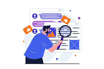 Content manager modern flat concept for web banner design. Man creates layout of site, studies feedback of followers, develops and organizes page mockup. Illustration with isolated people scene