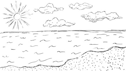 Rough hand-drawn black and white sea horizon sketch. Vector drawing of water, sand, clouds and sun