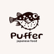 Puffer Fish Logo Japanese Food. Fugu Sushi Logo Template. Blowfish logo mascot concept for fresh seafood icon