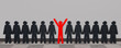 Personenreihe aus der eine Person in rot heraussticht. 3d rendering