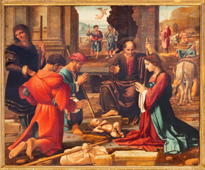 Fototapete - VALENCIA, SPAIN - FEBRUAR 14, 2022: The painting of Adoration of sheepherds on the main altar  in the Cathedral  by Fernando Yanez de la Almedina and  Hernando de los Llanos (1506 - 1510).