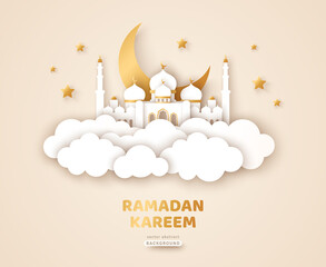 Wall Mural - Ramadan Kareem Banner with Gold Moon, Clouds and 3d Paper cut Sheikh Zayed Grand Mosque icon. Vector illustration. Place for Text. Eid Mubarak greeting card