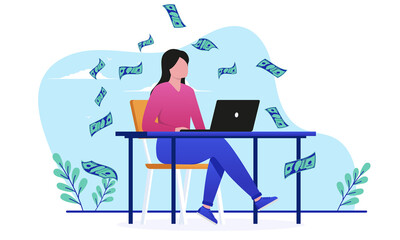 Leinwandbilder - Woman with internet income - Female person with computer making money online. Flat design vector illustration with white background