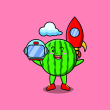 Cute Mascot Cartoon Character Watermelon As Astronaut With Rocket, Helm, And Cloud 