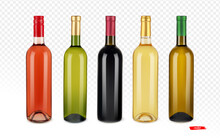 Set Of White, Red And Pink Wine Bottles. Realistic Vector Illustration Wine Bottles On Transparent Background.