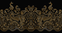Vector Seamless Gold Border Pattern. Fantasy Mermaid, Octopus, Fish, Sea Animals Golden Contour Thin Line Drawing With Ornaments On A Black Background