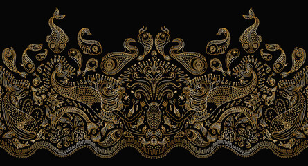 Vector Seamless gold border pattern. Fantasy mermaid, octopus, fish, sea animals golden contour thin line drawing with ornaments on a black background