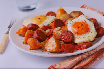 Wall Mural - Chorizo and Spanish eggs with potatoes and mixed onions and peppers.