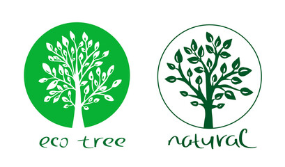 Sticker - Vector tree emblem. Icon, logo.Vector illustration of tree with green leaves.Hand made.Logo for eco,environmental themes, farming, cosmetics, natural products.