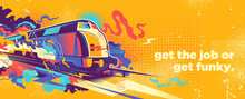 Abstract Colorful Illustration With Retro Locomotive And Splashing Shapes. Vector Illustration.