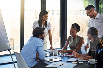 Poster - Everybody has something to add in this meeting. Shot of a group of businesspeople having a meeting in a boardroom.