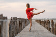 Female ballet dancer is posing on salt seashore