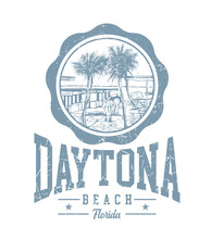 Daytona Beach Florida In Varsity Style Print Design With A Beach Scene Illustration