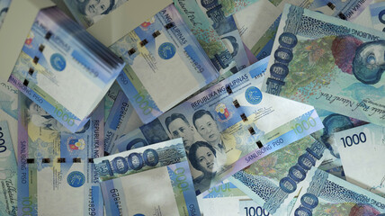 3D rendering of 1000 Philippines peso notes spread on surface