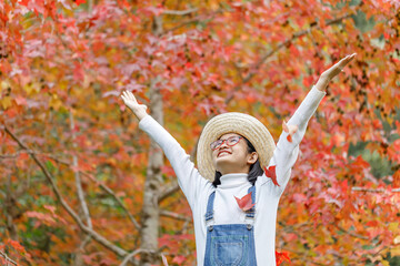 Wall Mural - Portrait happy beautiful cute asian teenage girl with glasses in autumn park