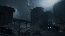 Apocalypse City With Bombed Buildings. Warfare Concept.