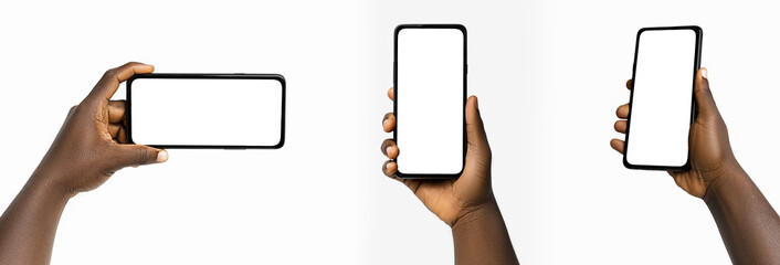 set of black hand holding phone facing camera isolated on white background. blank screen, phone scre