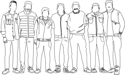 Line art illustration of seven young people standing in row holding each other in happy mood, outline sketch of people group