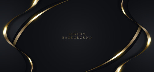Wall Mural - Elegant 3D abstract background black curved shape with shiny golden ribbon line lighting sparking