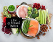 Foods with low glycemic index on gray background.