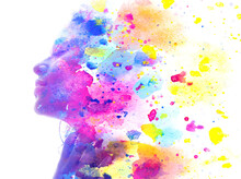 Paintography. Colorful Paint Splashes Combined With A Portrait Of A Young Lady