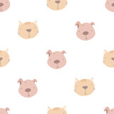 Fototapeta Pokój dzieciecy - Seamless pattern with cute pets, dog, cat. simple flat vector. Hand drawing for children. animal theme. baby design for fabric, textile, wrapper, print.