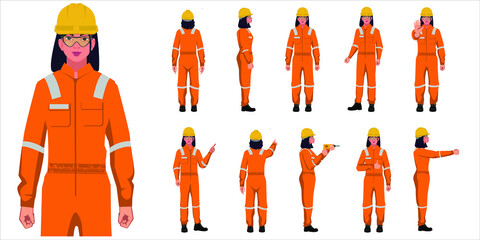 set of industrial women worker on orange uniform characters in white background