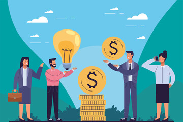 Wall Mural - business people with bulb and coins