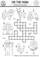 Vector On The Farm Black And White Crossword Puzzle For Kids. Simple Farm Line Quiz For Children. Country Educational Activity With Cow, Farmer, Tractor, Barn. Rural Village Cross Word Coloring Page.