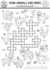 Wall Mural - Vector farm animals and birds black and white crossword puzzle for kids. Simple on the farm line quiz. Country educational activity with cow, hen, pig. Rural village cross word coloring page.