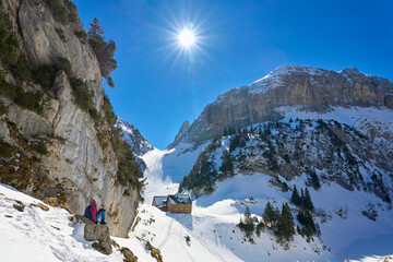 Wall Mural - woman hiking in the snowy mountain landscape of the Alpstein mountain range near Appenzell, Switzerland