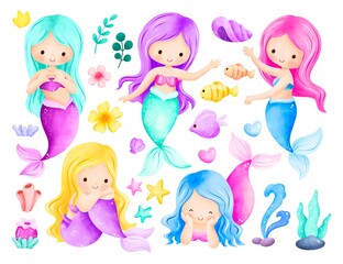 Watercolor Illustration Mermaid and Elements 