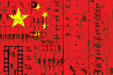 chinese national flag with a grunge effect on pc circuit board