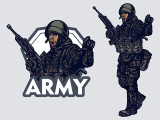 Vector army mascot logo detail line art tattoo style