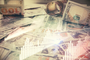 Fototapete - Multi exposure of forex chart drawing over us dollars bill background. Concept of financial success markets.