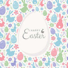 Wall Mural - Easter composition with colourful bunnies, eggs and flowers. Greeting card. Vector