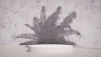 Wall Mural - 3d Podium For The Presentation Of Packaging And Cosmetics. The Price Of The Product With A Stand And The Shadow Of A Palm Tree On The Background Of A Stone Wall