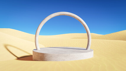 Wall Mural - Stone cylinder podium with stone round frame on a desert landscape.Product display plateform template.3D render illustration