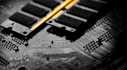 Macro Close up of computer RAM chip and motherboard